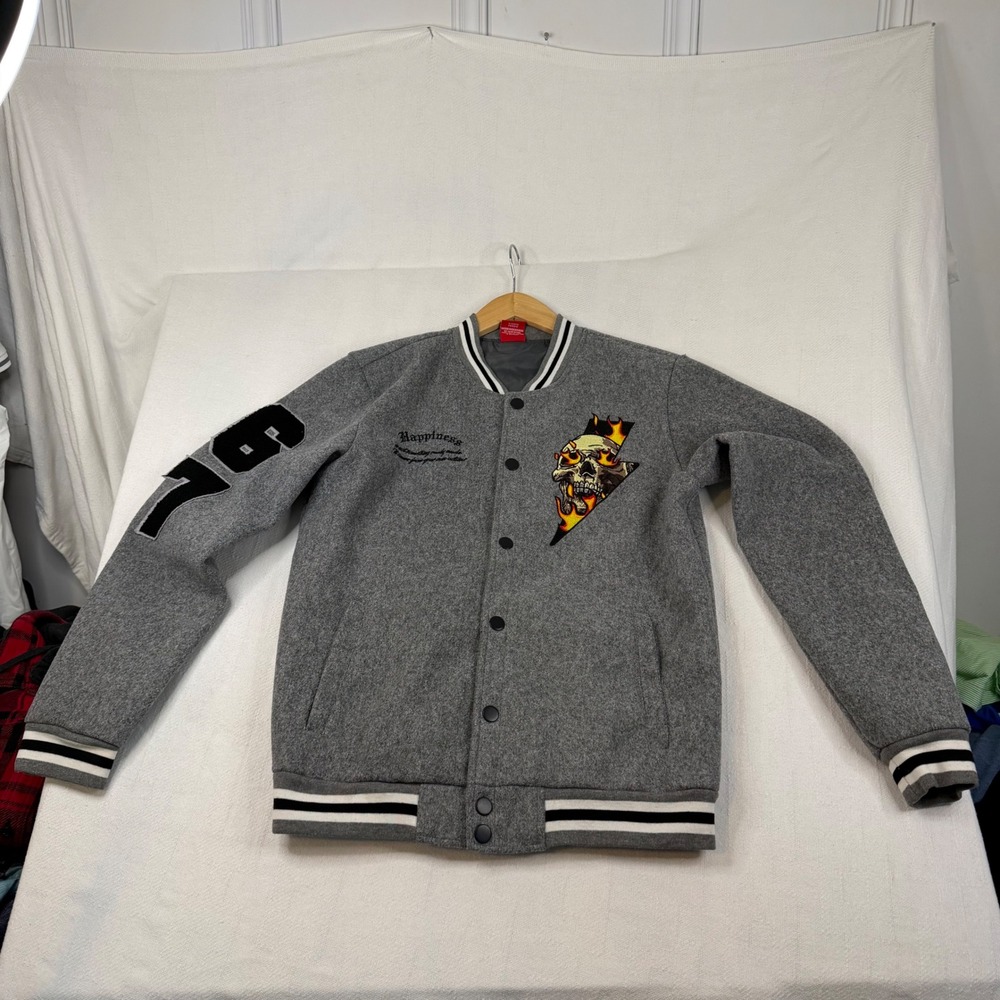 Ring of Fire Mens Gray Varsity Bomber Jacket Skull Flame Graphic Small
